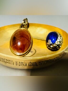 2 Vintage Gold Pendant Necklace with Amber-Red Cabochon